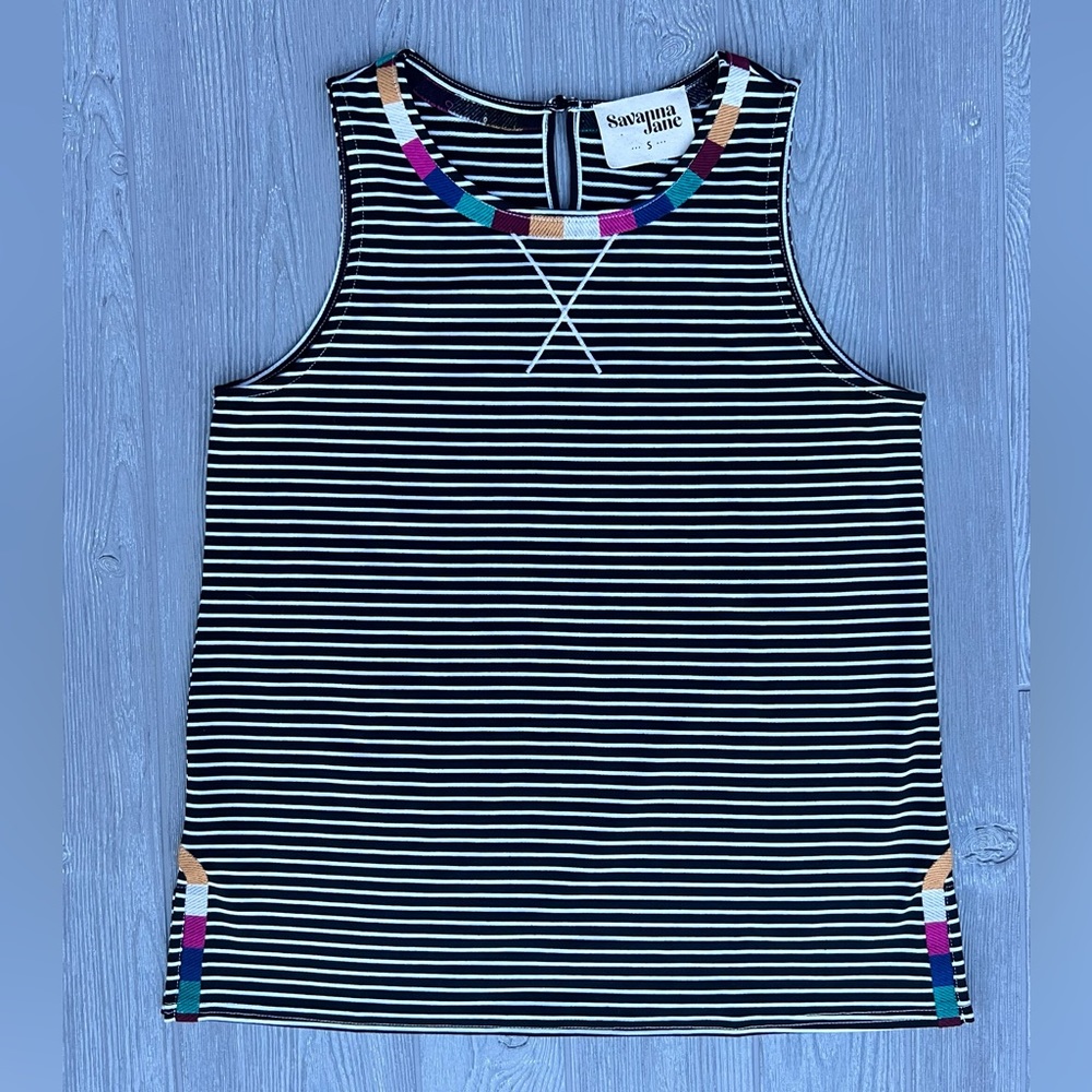 Savanna Jane Black White Striped Tank Top Small Colorblock Embroidery Sleeveless